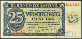 25 Pesetas. 21 de Noviembre de 1936. Serie R. (Edifil 2021: 419a). Conserva todo su apresto original. SC-.