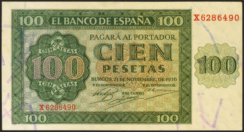 100 Pesetas. 21 de Noviembre de 1936. Serie X, última serie emitida. (Edifil 202...