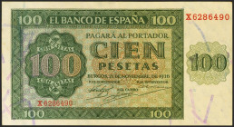 100 Pesetas. 21 de Noviembre de 1936. Serie X, última serie emitida. (Edifil 2021: 421a). Conserva parte del apresto original. EBC+.