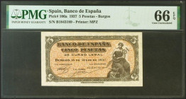 5 Pesetas. 18 de Julio de 1937. Serie B. (Edifil 2021: 424a, Pick: 106a). Inusual en esta excepcional calidad, apresto original. SC. Encapsulado PMG66...