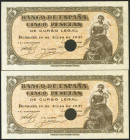 5 Pesetas. 18 de Julio de 1937. Taladrados. Serie C y sin numeración. (Edifil 2021: 424a). Puntitos de grapa, como todos los conocidos y con su aprest...