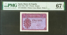 1 Peseta. 12 de Octubre de 1937. Serie E. (Edifil 2021: 425a, Pick: 104a). Raro en esta excepcional calidad, apresto original. SC. Encapsulado PMG67EP...