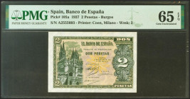 2 Pesetas. 12 de Octubre de 1937. Serie A. (Edifil 2021: 426, Pick: 105a). Inusual en esta excepcional calidad, apresto original. SC. Encapsulado PMG6...