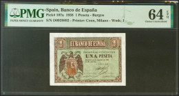 1 Peseta. 28 de Febrero de 1938. Serie D. (Edifil 2021: 427a, Pick: 107a). Apresto original. SC. Encapsulado PMG64EPQ.