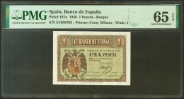 1 Peseta. 28 de Febrero de 1938. Serie E. (Edifil 2021: 427a, Pick: 107a). Inusual en esta excepcional calidad, apresto original. SC. Encapsulado PMG6...