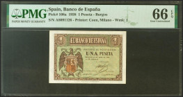 1 Peseta. 30 de Abril de 1938. Serie A. (Edifil 2021: 428, Pick: 108a). Inusual en esta calidad, apresto original. SC. Encapsulado PMG66EPQ.