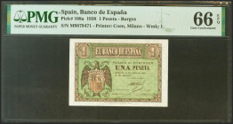 1 Peseta. 30 de Abril de 1938. Serie M. (Edifil 2021: 428a, Pick: 108a). Inusual en esta excepcional calidad, apresto original. SC. Encapsulado PMG66E...