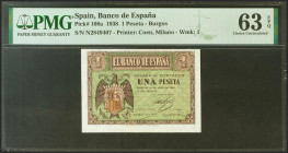 1 Peseta. 30 de Abril de 1938. Serie N, última serie emitida. (Edifil 2021: 428b, Pick: 108a). Apresto original. SC. Encapsulado PMG63EPQ.