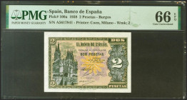 2 Pesetas. 30 de Abril de 1938. Serie A. (Edifil 2021: 429, Pick: 109a). Inusual en esta excepcional calidad, apresto original. SC. Encapsulado PMG66E...