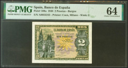 2 Pesetas. 30 de Abril de 1938. Serie A. (Edifil 2021: 429, Pick: 109a). SC. Encapsulado PMG64.