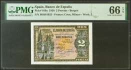 2 Pesetas. 30 de Abril de 1938. Serie M. (Edifil 2021: 429a, Pick: 109a). Inusual en esta calidad, apresto original. SC. Encapsulado PMG66EPQ.