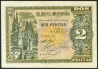 2 Pesetas. 30 de Abril de 1938. Serie N, última serie emitida. (Edifil 2021: 429a). Presenta parte del apresto original. EBC-.