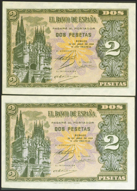 2 Pesetas. 30 de Abril de 1938. Pareja correlativa. Serie C. (Edifil 2021: 429a)...