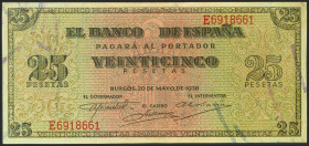 25 Pesetas. 20 de Mayo de 1938. Serie E. (Edifil 2021: 430a). Presenta parte del apresto original. EBC.