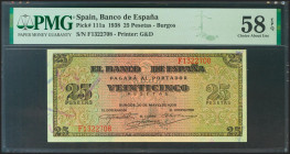 25 Pesetas. 20 de Mayo de 1938. Serie F. (Edifil 2021: 430a, Pick: 111a). Apresto original. EBC+++. Encapsulado PMG58EPQ.