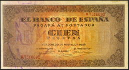 100 Pesetas. 20 de Mayo de 1938. Serie A. (Edifil 2021: 432). Conserva gran parte del apresto original. EBC+.