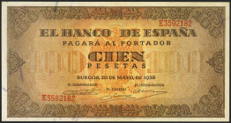 100 Pesetas. 20 de Mayo de 1938. Serie E. (Edifil 2021: 432a). Conserva parte del apresto original. EBC.