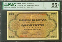 500 Pesetas. 20 de Mayo de 1938. Serie A. (Edifil 2021: 433, Pick: 114a). Inusual en esta calidad, apresto original. SC. Encapsulado PMG55EPQ.