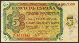 5 Pesetas. 10 de Agosto de 1938. Serie A. (Edifil 2021: 435). Apresto original. SC-.