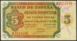 5 Pesetas. 10 de Agosto de 1938. Serie B. (Edifil 2021: 435a). Conserva gran parte de su apresto original. EBC+.