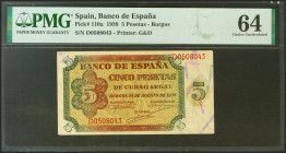 5 Pesetas. 10 de Agosto de 1938. Serie D. (Edifil 2021: 435a, Pick: 110a). SC. Encapsulado PMG64.