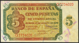 5 Pesetas. 10 de Agosto de 1938. Serie G. (Edifil 2021: 435a). Apresto original. SC-.