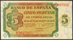 5 Pesetas. 10 de Agosto de 1938. Serie H. (Edifil 2021: 435a). Apresto original. SC.