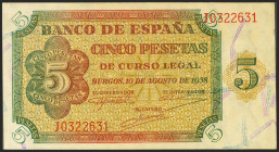 5 Pesetas. 10 de Agosto de 1938. Serie J. (Edifil 2021: 435a). Apresto original. SC.