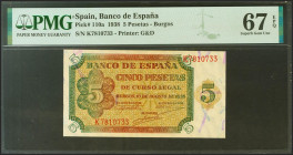 5 Pesetas. 10 de Agosto de 1938. Serie K. (Edifil 2021: 435a, Pick: 110a). Raro en esta excepcional calidad, apresto original. SC. Encapsulado PMG67EP...