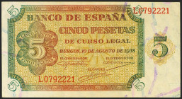 5 Pesetas. 10 de Agosto de 1938. Serie L. (Edifil 2021: 435a). Apresto original. SC--.