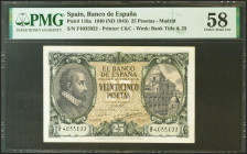 25 Pesetas. 9 de Enero de 1940. Serie F, última serie. (Edifil 2021: 436a, Pick: 116a). Inusual en esta calidad. EBC++. Encapsulado PMG58.