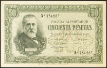 50 Pesetas. 9 de Enero de 1940. Prueba del anverso con un color no definitivo y con la numeración A1234567 (números consecutivos). (Edifil 2021: 437P)...