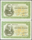 50 Pesetas. 9 de Enero de 1940. Pareja correlativa. Serie D. (Edifil 2021: 437a). Inusual, conserva gran parte de su apresto original. EBC.