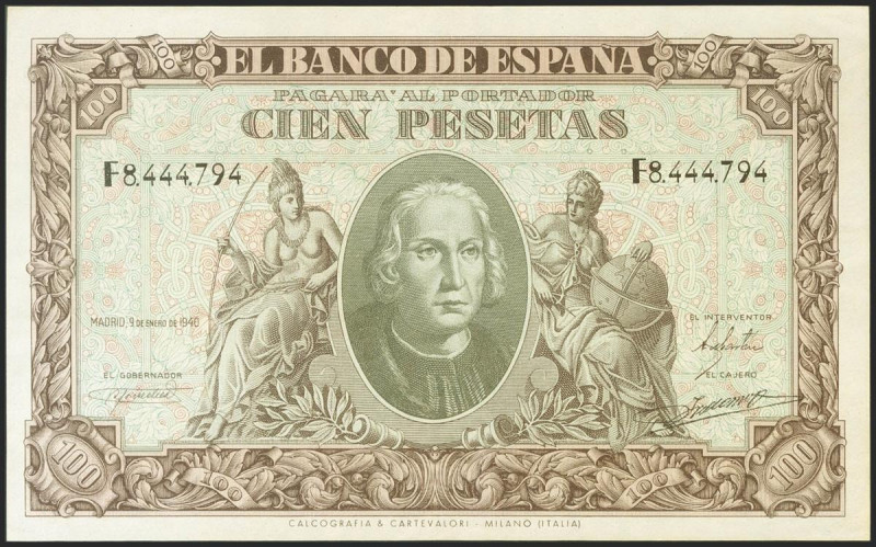 100 Pesetas. 9 de Enero de 1940. Serie F. (Edifil 2021: 438a). Conserva parte de...