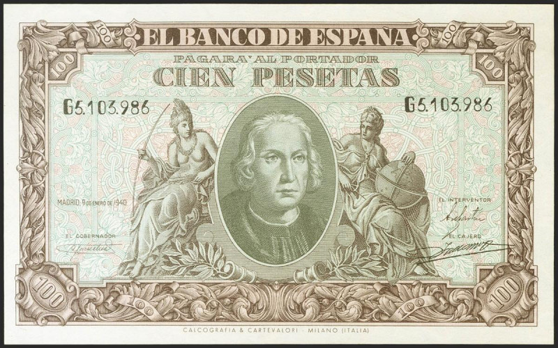 100 Pesetas. 9 de Enero de 1940. Serie G. (Edifil 2021: 438a, Pick: 118a). Prese...