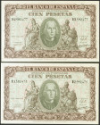 100 Pesetas. 9 de Enero de 1940. Pareja correlativa. Serie H. (Edifil 2021: 438a). Apresto original. SC--.