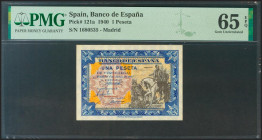 1 Pesetas. 1 de Junio de 1940. Sin serie. (Edifil 2021: 441, Pick: 121a). Raro en esta calidad, apresto original. SC. Encapsulado PMG65EPQ.