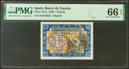 1 Peseta. 1 de Junio de 1940. Serie D. (Edifil 2021: 441a, Pick: 121a). Inusual en esta excepcional calidad, apresto original. SC. Encapsulado PMG66EP...