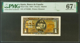 1 Peseta. 4 de Septiembre de 1940. Serie A. (Edifil 2021: 442a, Pick: 122a). Raro en esta excepcional calidad, apresto original. SC. Encapsulado PMG67...