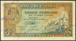 5 Pesetas. 4 de Septiembre de 1940. Serie G. (Edifil 2021: 443a). Conserva todo su apresto original. SC.