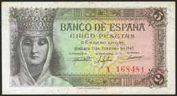 5 Pesetas. 13 de Febrero de 1943. Serie A. (Edifil 2021: 446a). Apresto original. SC--.