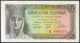 5 Pesetas. 13 de Febrero de 1943. Serie B. (Edifil 2021: 446a). Conserva gran parte de su apresto original. EBC++.