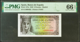 5 Pesetas. 15 de Febrero de 1943. Serie E. (Edifil 2021: 446, Pick: 127a). Inusual en esta excepcional calidad, apresto original. SC. Encapsulado PMG6...