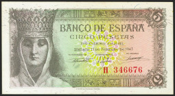 5 Pesetas. 13 de Febrero de 1943. Serie H. (Edifil 2021: 446a). Apresto original. SC-.