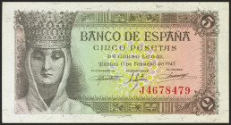 5 Pesetas. 13 de Febrero de 1943. Serie J. (Edifil 2021: 446a). Conserva gran parte de su apresto original. EBC++.