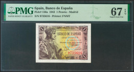 1 Pesetas. 21 de Mayo de 1943. Sin serie. (Edifil 2021: 447, Pick: 126a). Raro en esta calidad, apresto original. SC. Encapsulado PMG67EPQ.