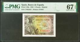 1 Peseta. 21 de Mayo de 1943. Serie C. (Edifil 2021: 447, Pick: 126a). Raro en esta excepcional calidad, apresto original. SC. Encapsulado PMG67EPQ.