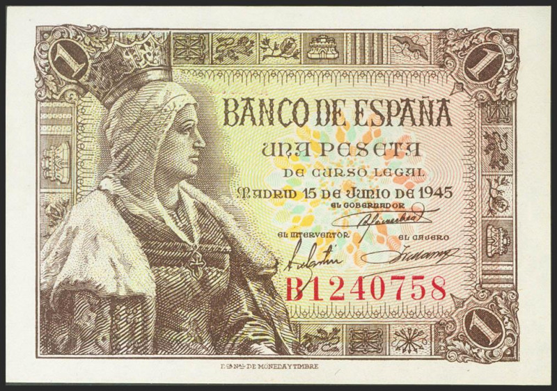 1 Peseta. 15 de Junio de 1945. Serie B. (Edifil 2021: 448a). Apresto original. S...