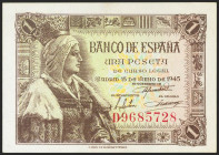 1 Peseta. 15 de Junio de 1945. Serie D. (Edifil 2021: 448a). Apresto original. SC.