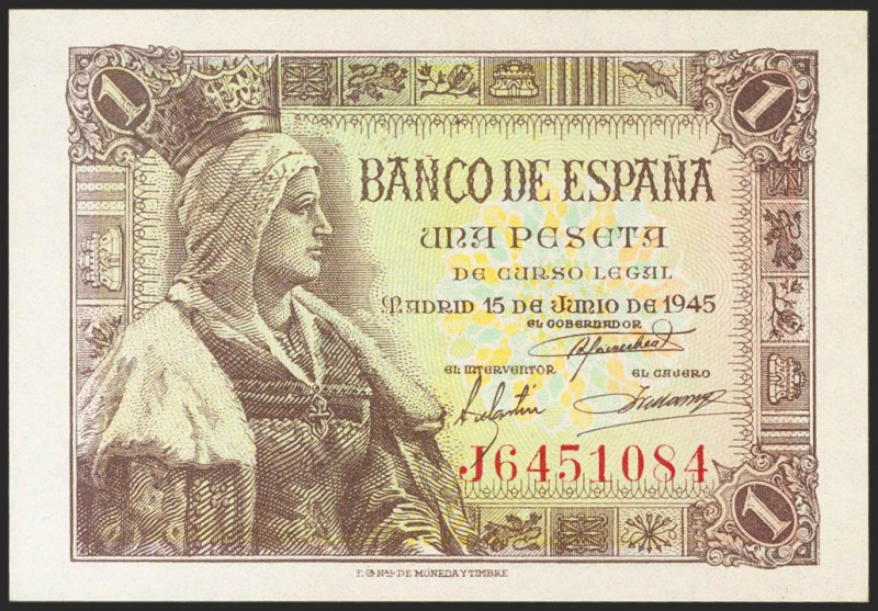 1 Peseta. 15 de Junio de 1945. Serie J. (Edifil 2021: 448a). Apresto original. S...